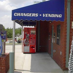 blue awning with lettering